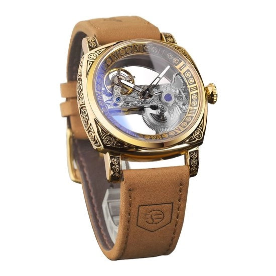 Orologio da polso maschile automatico - stile classico a scheletro - quadrata - quadrante - cinturino in pelle - illuminato - impermeabile