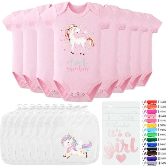 16 pezzi di stoffa per dipinti di romper per bambini, cotone con 8 romper con maniche corte, 8 stoffe, stencil per tessuti colorati per feste di compleanno per bambini, giochi per compleanni di bambini
