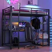 Letto a castello singolo nero con funzione di scrivania e contenitori in metallo 90x200 cm