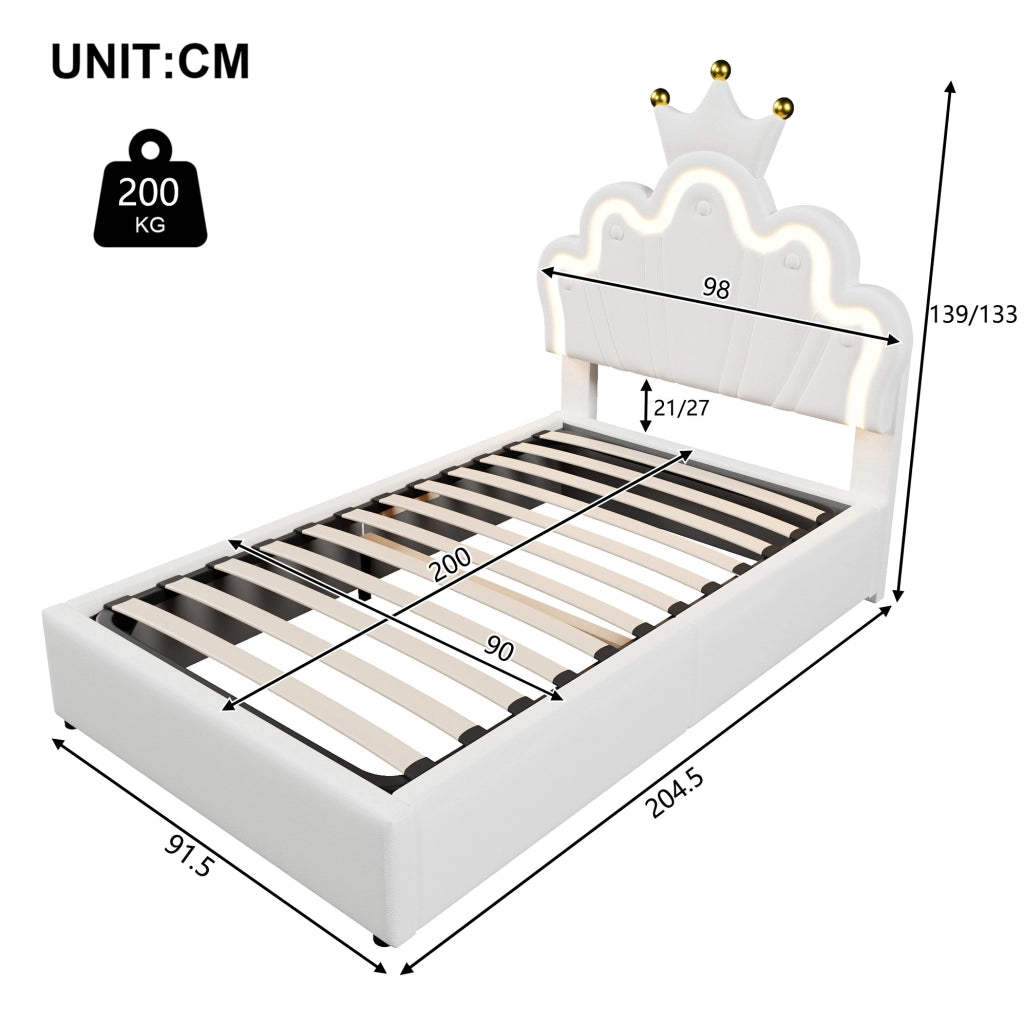 Letto imbottito 90 x 200 cm con LED e contenitore idraulico