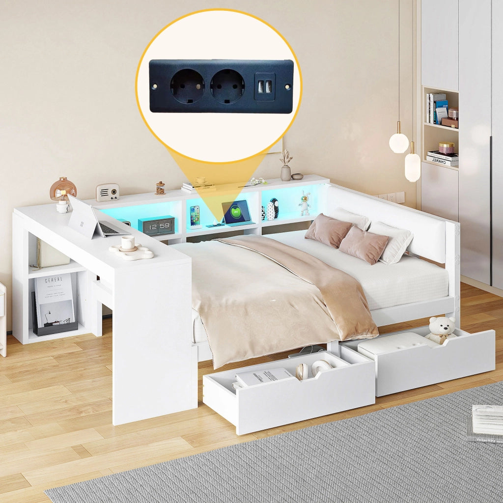 Letto per adulti 140 × 200 cm con testiera imbottita, ripiani, 2 cassetti, prese USB e LED, senza materasso, bianco