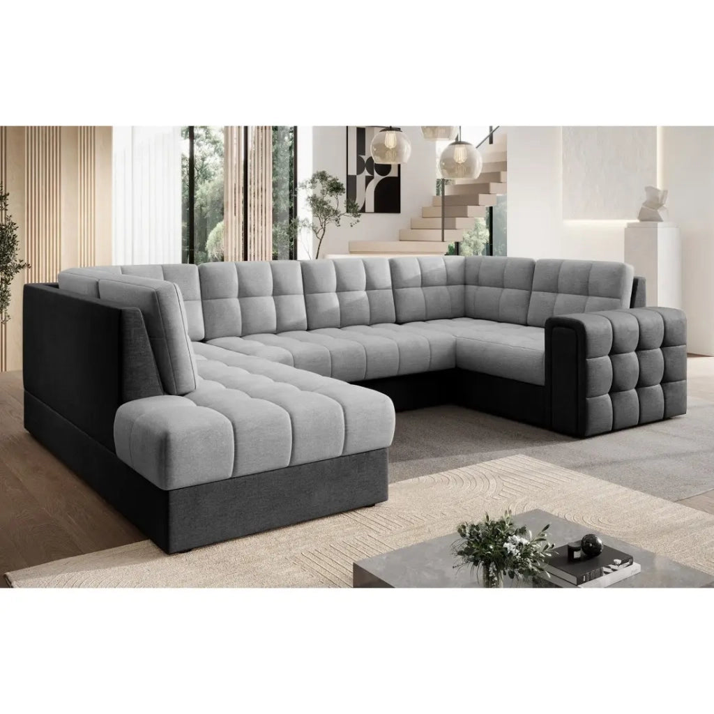 Divano angolare trasformabile MONTEZA grigio e nero sinistro 299 cm con contenitore e letto