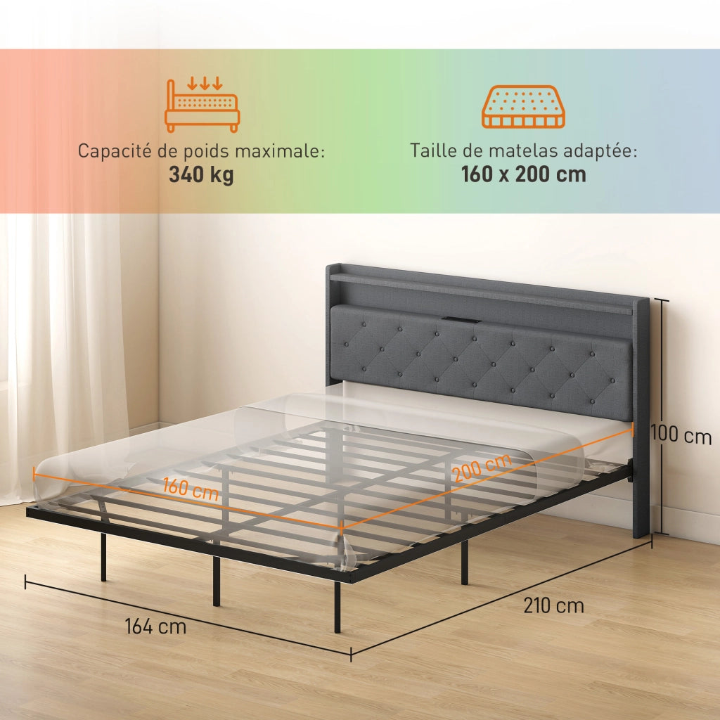 Letto Matrimoniale con Luci LED e Stazione di Carica ¨C zephmum ¨C Grigio 160x200 cm