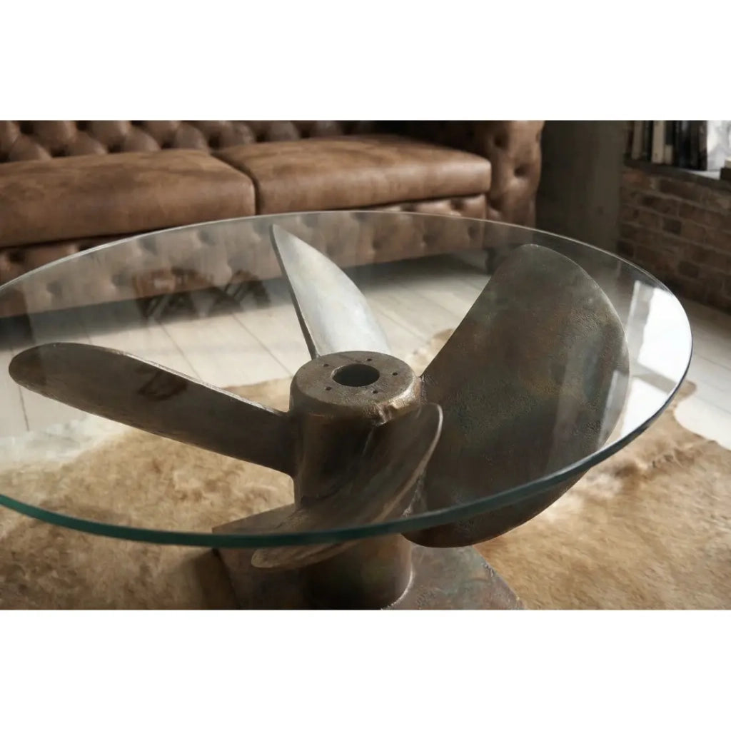 Tavolino ALUMIA rotondo 60 cm in vetro temperato e alluminio finitura rame – design industriale elica