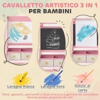 Lavagna per Bambini 3 in 1 con Cavalletto, Rotolo di Carta e 2 Cestelli, in Legno, 54x46x94 cm, Rosa