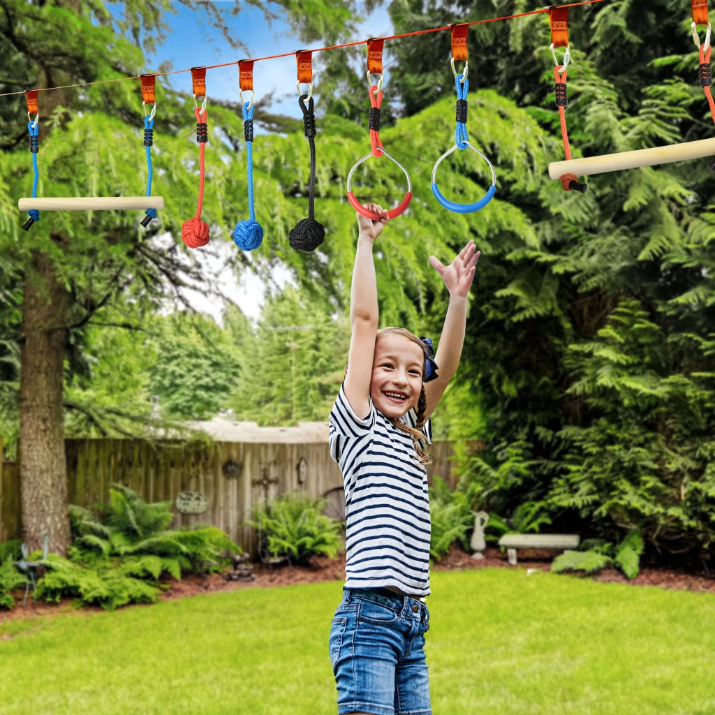 Percorso ostacoli ninja per bambini ¨C Xylo ¨C 30 accessori con slackline 10m blu nero rosso