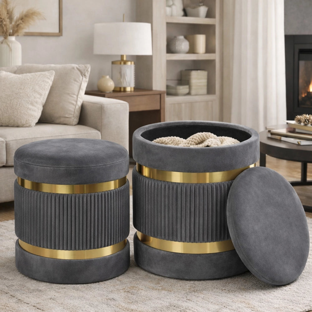 Set 2 Pouf Contenitore Grigio con Rivestimento Velluto Morbido Sgabelli Moderni