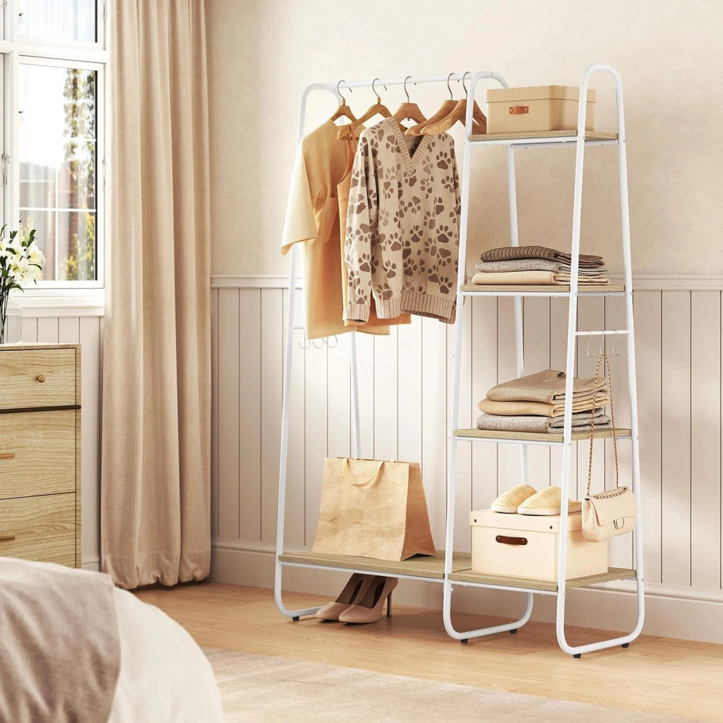 Stand Appendiabiti con Barra, Armadio Aperto con Scarpiera, 4 Ripiani, 6 Ganci Rimovibili, per Camera da Letto, Ingresso, 100x40x152 cm, in Metallo e Legno, Rovere Chiaro + Bianco