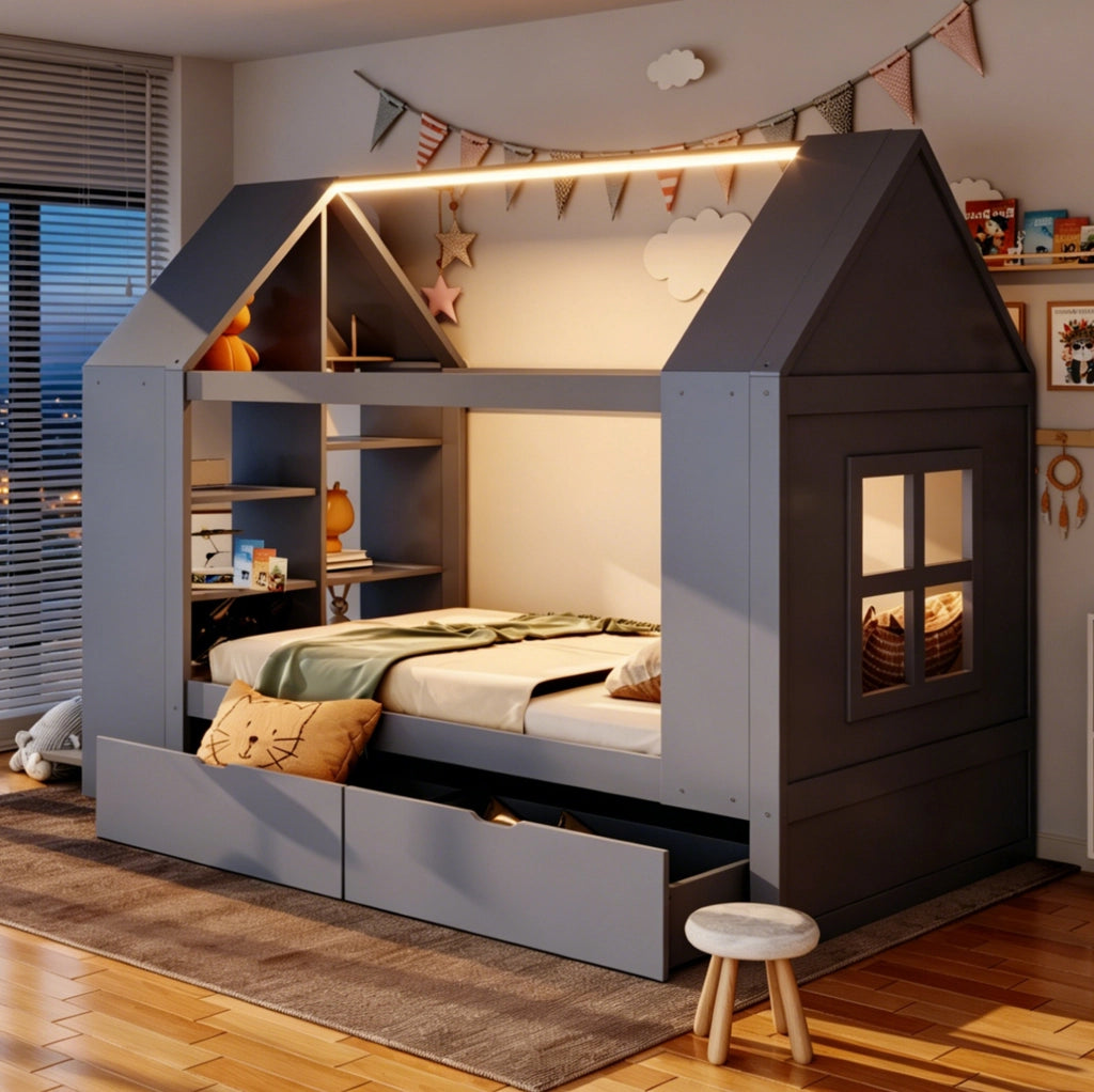 Letto per bambini 90x200 cm con cassetti, LED e vani contenitivi grigio