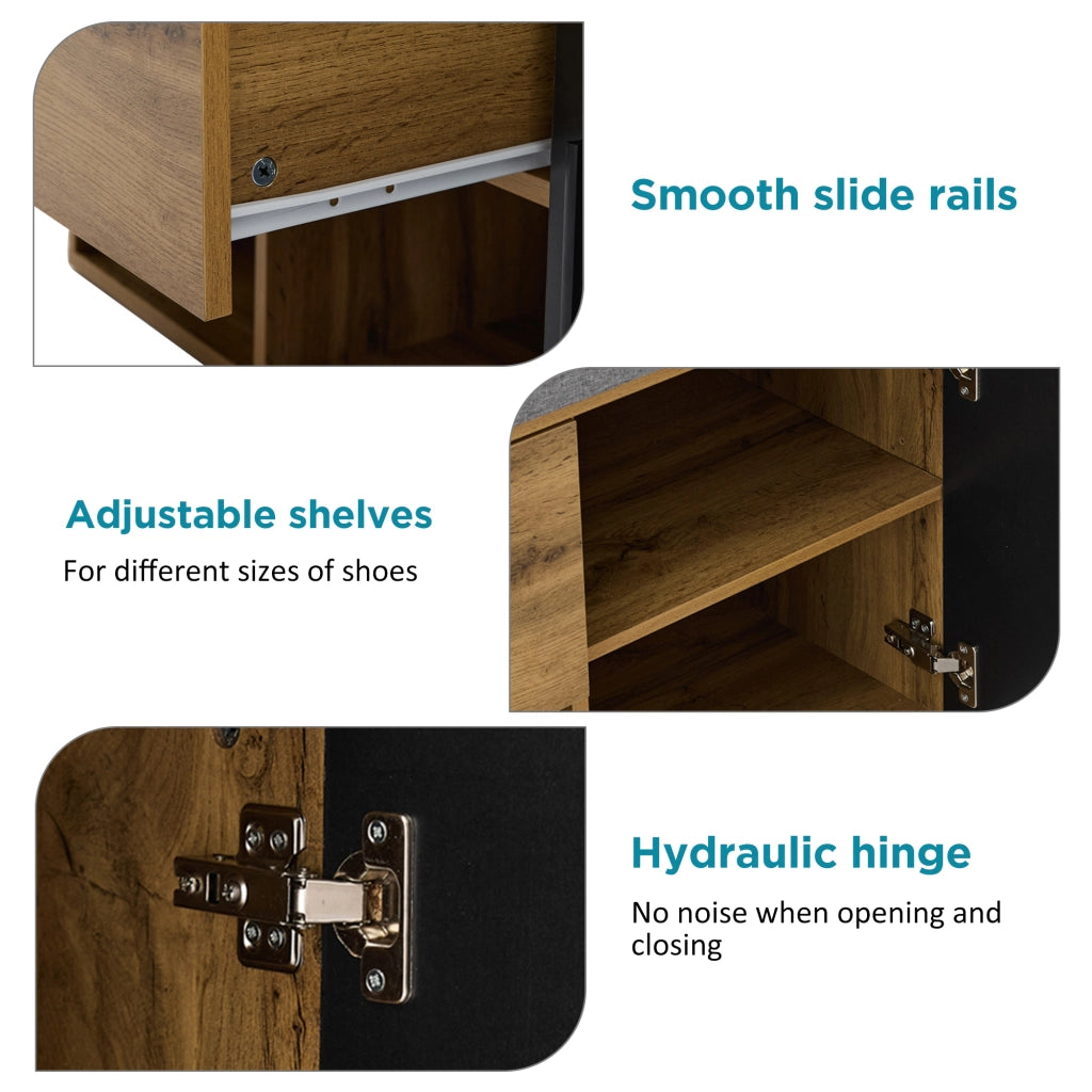 Mobile da ingresso con specchio, scarpiera, panca imbottita, cassetto e ganci, in truciolare, rovere, 104 × 39 × 190 cm