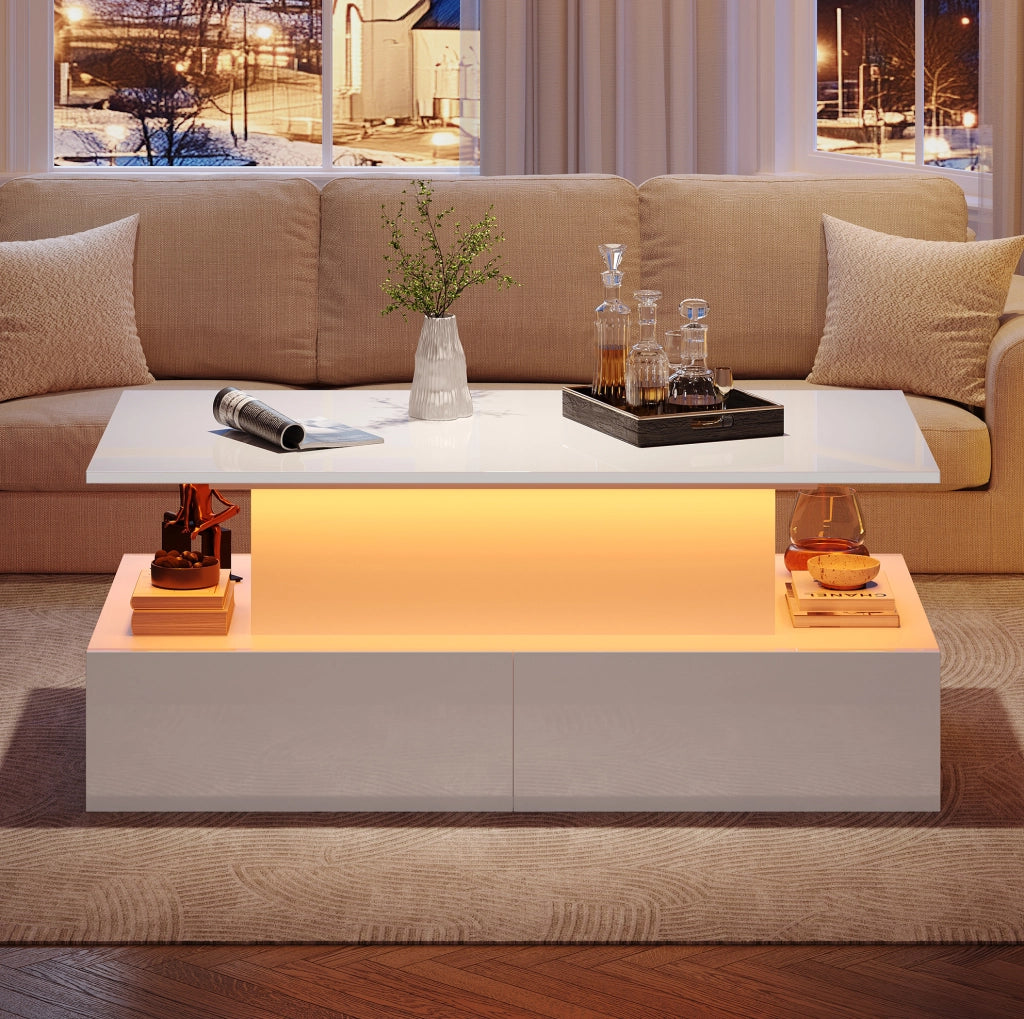 Tavolino da caffè 90x55x41 cm; illuminazione LED e 4 cassetti; truciolare bianco