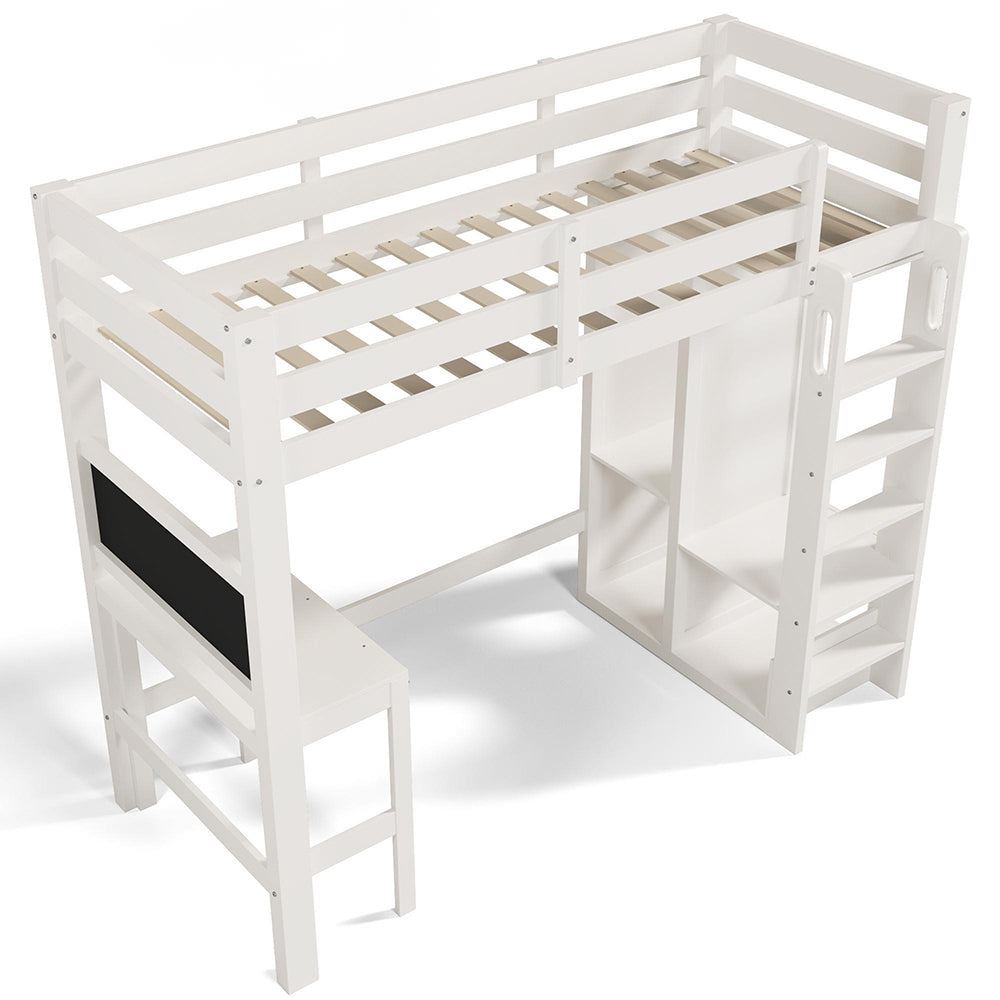 Letto a soppalco per bambini - Xylo - 90x200 cm - Bianco - Con scrivania, armadio e scaffali