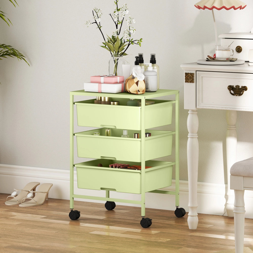 Carrello Multiuso 4 Livelli con Ruote e 3 Cestini ¨C Zephmum ¨C Verde 40.8x33.5x60.5 cm