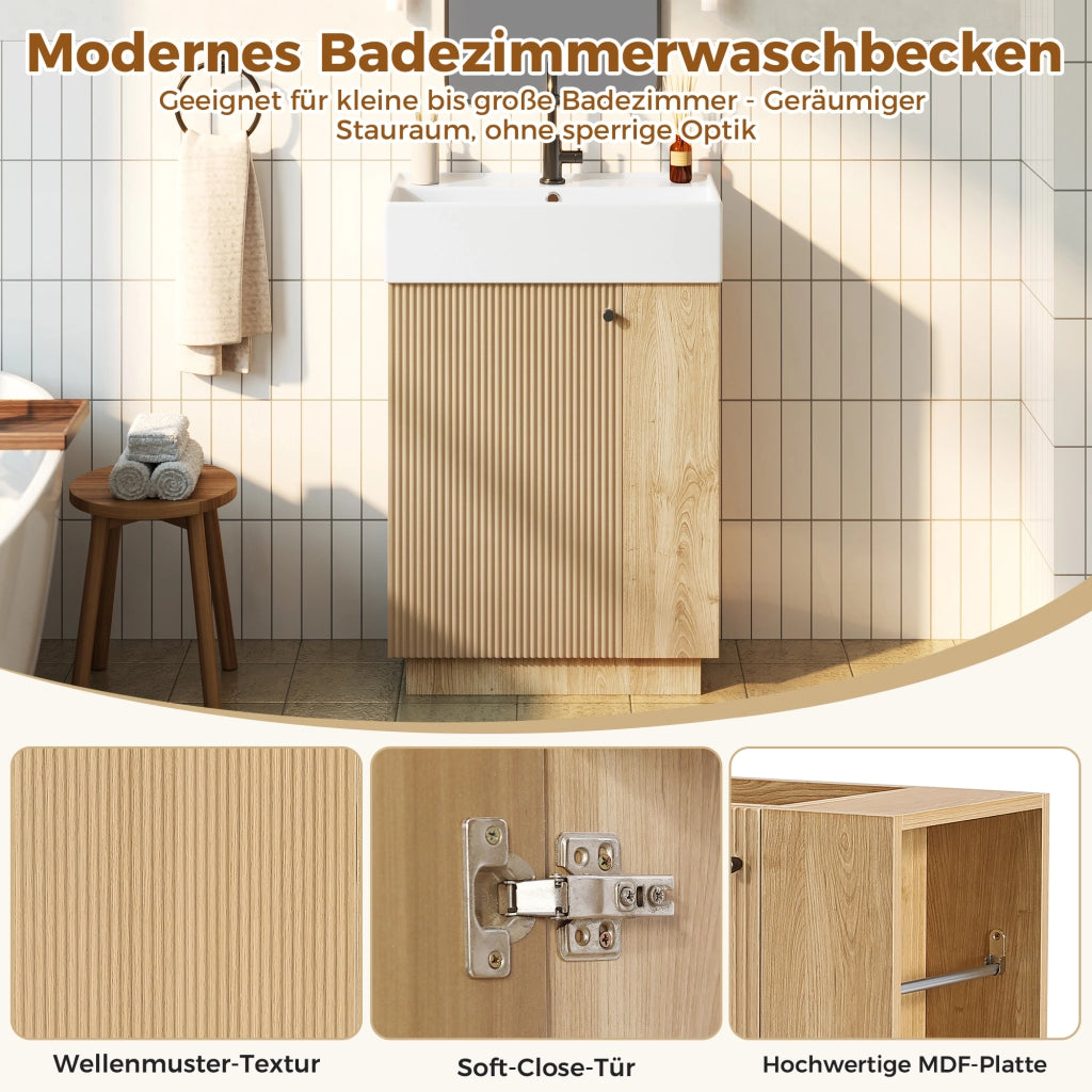 Mobile sottolavabo con lavabo in ceramica, 1 anta, ripiani aperti e porta carta igienica, per bagno, 55 × 32 × 87 cm