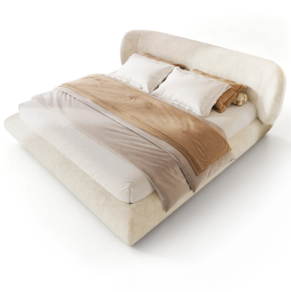 Letto matrimoniale imbottito 180 x 200 cm in ciniglia beige con rete a doghe e testiera