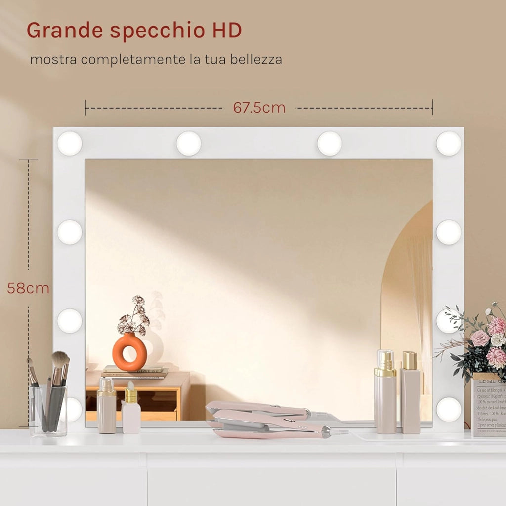 Toeletta da Trucco con Specchio LED Regolabile, Tavolo da Trucco Moderno con Cassetti e 2 Prese, 1 USB-A e 1 USB-C, Cavo di 1,5 m, Bianco