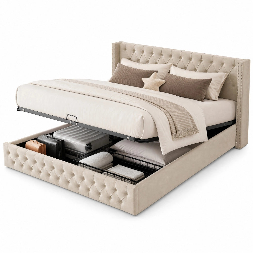 Letto matrimoniale imbottito 160x200 cm in velluto beige con contenitore e rete a doghe, stile Chesterfield