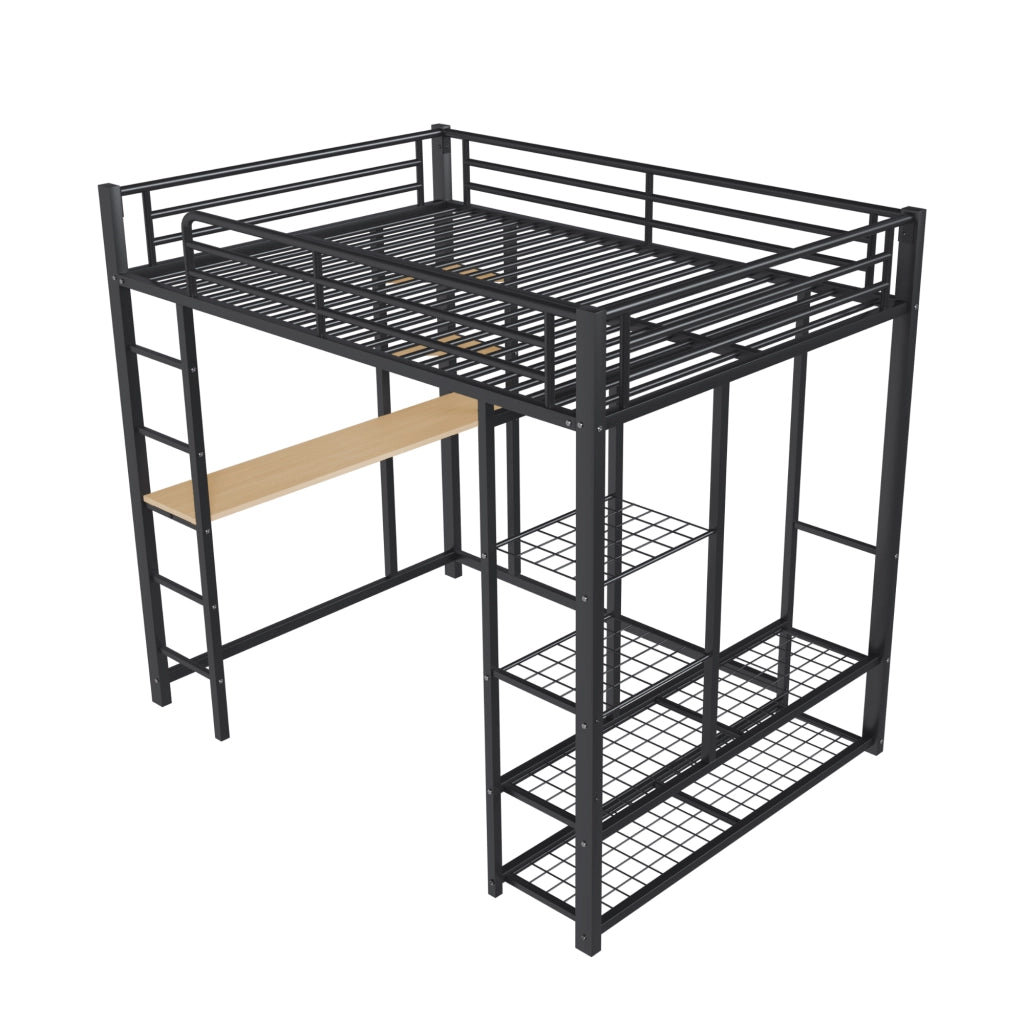 Letto a soppalco in metallo 140x200 cm con scrivania, guardaroba e ripiani, nero