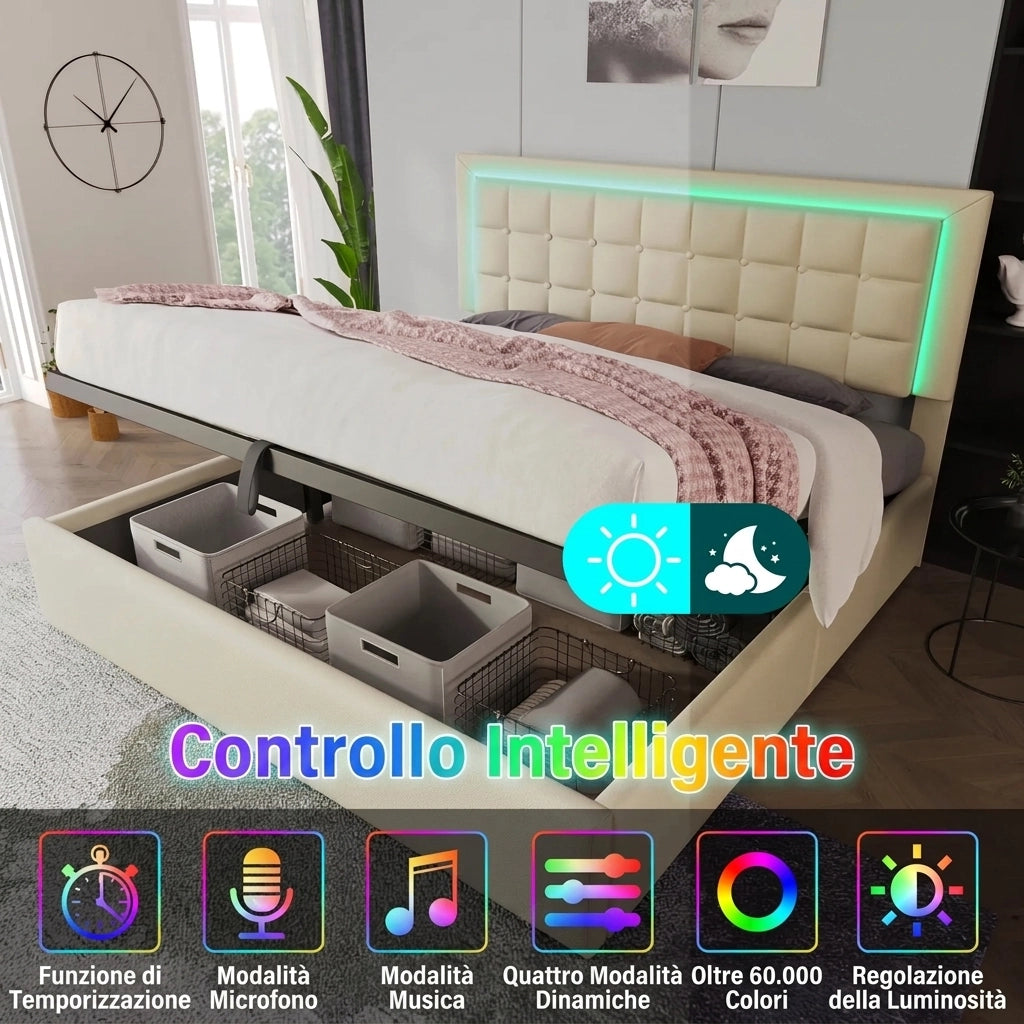 Letto matrimoniale contenitore 160x200 con luci LED smart; letto in ecopelle bianco