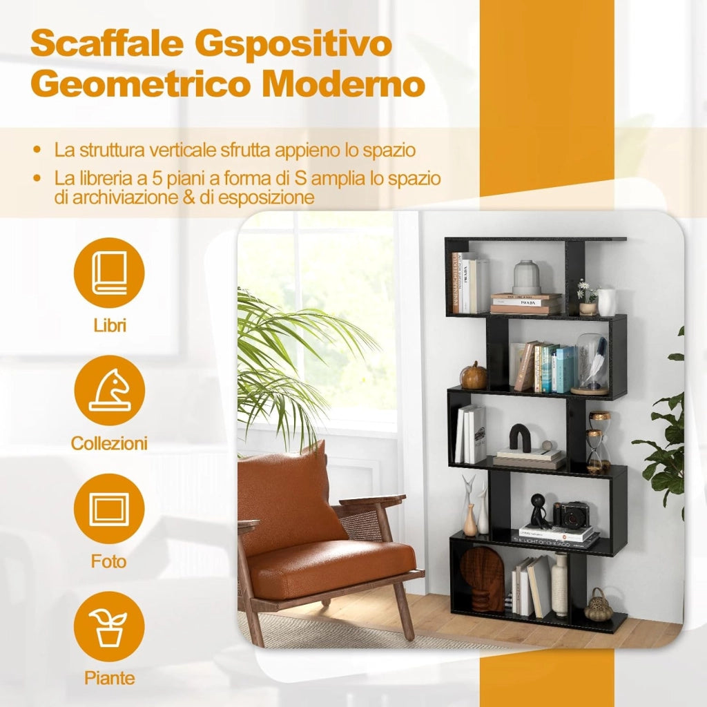 Scaffale in Legno a 5 Ripiani, Libreria Scaffale a Forma di S con Dispositivo Antiribaltamento, Divisorio per Soggiorno Ufficio Camera da Letto, 70 x 23,5 x 158 cm