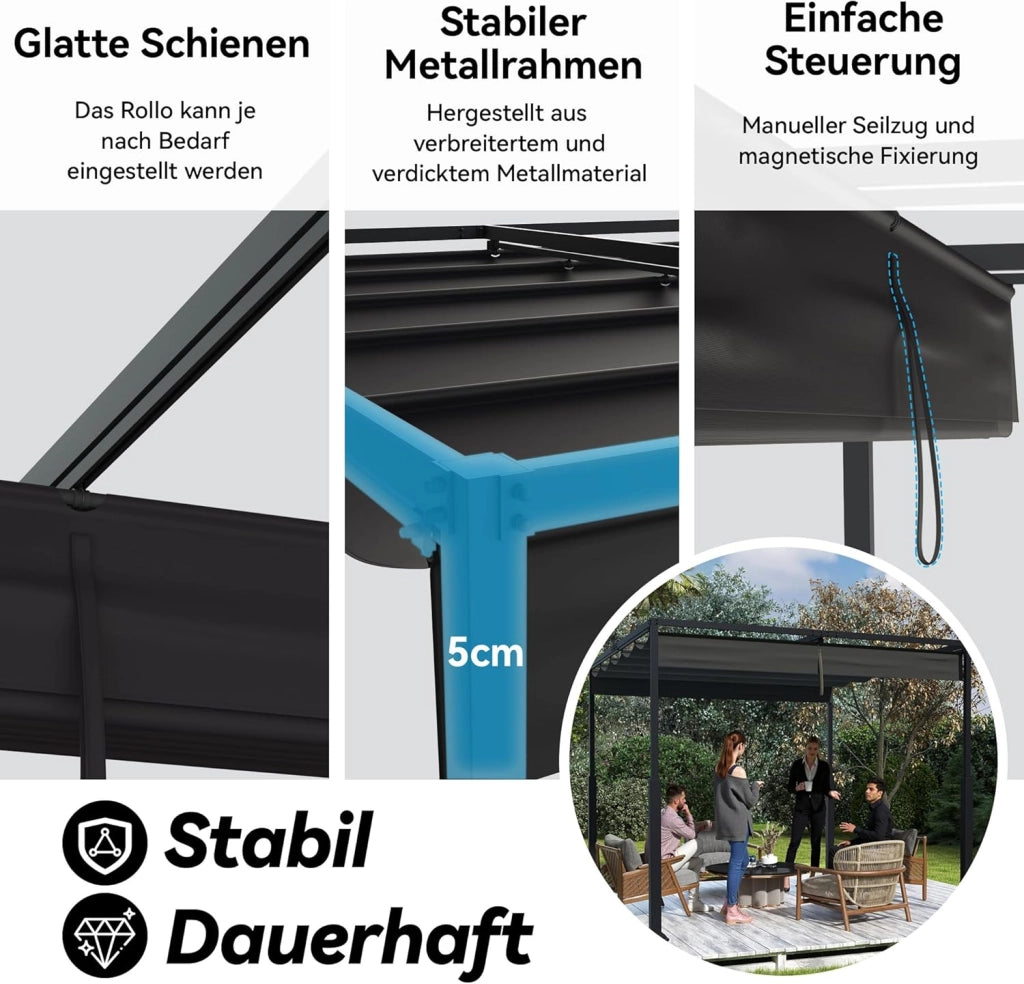 Pergola 3x3m, baldacchino impermeabile, stabile invernale, gazebo con ombreggiatura regolabile, protezione solare per giardino, terrazza e balcone, nero