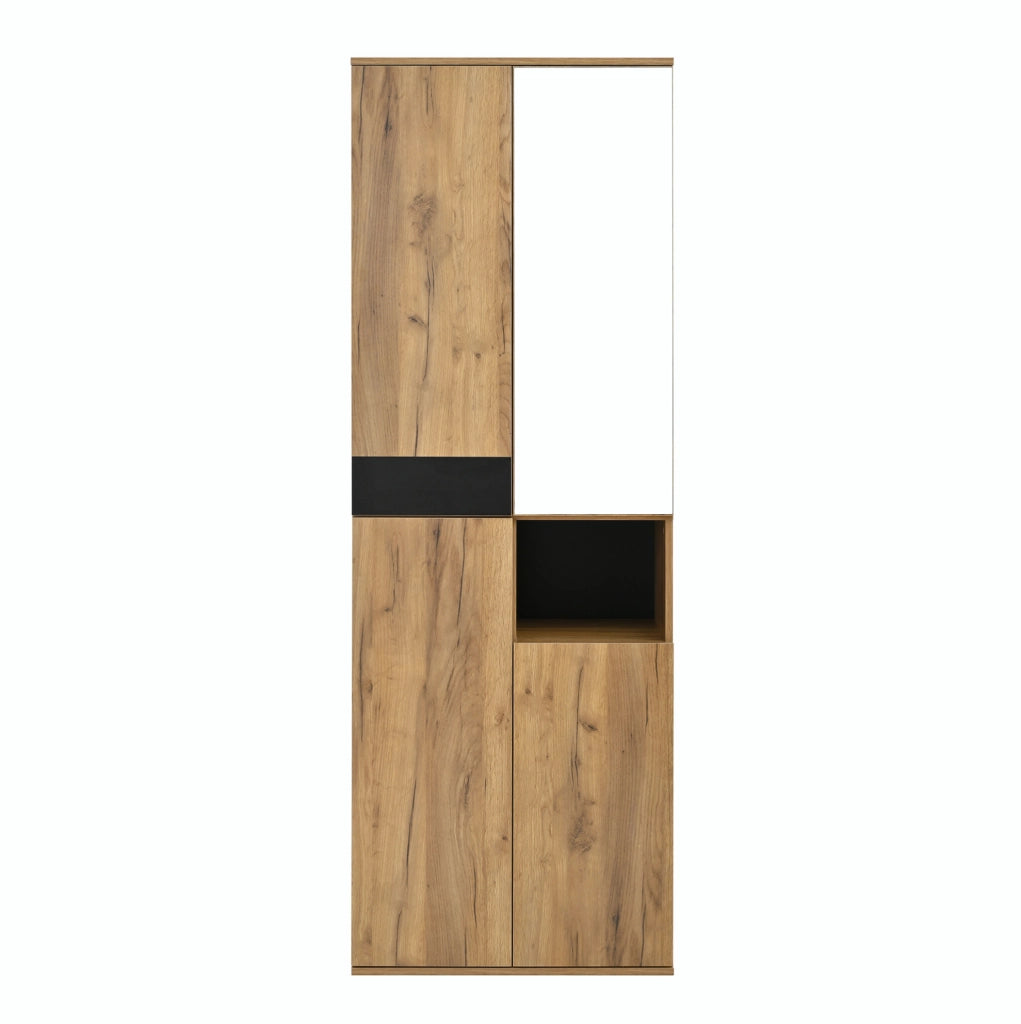 Armadio alto ULEVR 65x35x190 cm con specchio, 4 ante e vano aperto, nero e naturale