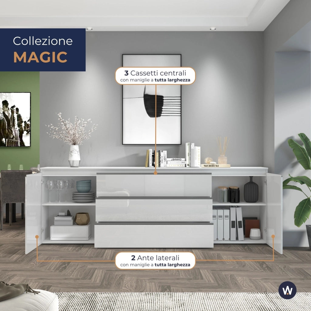 WHOUS Credenza cassettiera Magic con 2 ante e 3 cassetti bianco lucido 240x40x80 cm