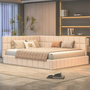 OKWISH Letto Divano 160×200 cm, Letto Matrimoniale con Schienale e Bracciolo, Schienale Reversibile, senza Materasso, Imbottito, Beige