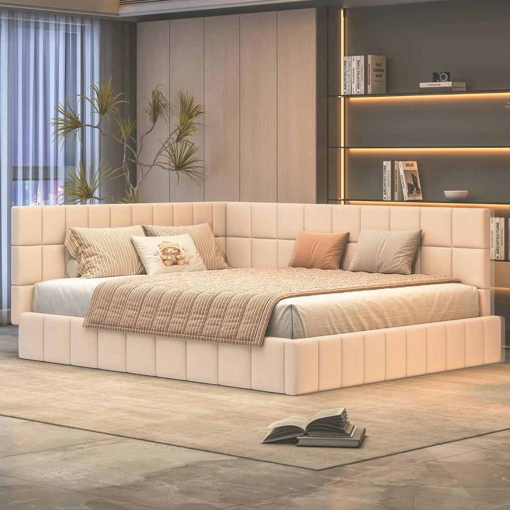 OKWISH Letto Divano 160×200 cm, Letto Matrimoniale con Schienale e Bracciolo, Schienale Reversibile, senza Materasso, Imbottito, Beige