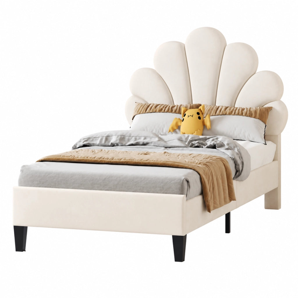 Letto imbottito 90x200 cm; testiera floreale; velluto beige (Senza materasso)