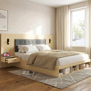Letto 180 x 200 cm in MDF con comodini; faretti orientabili; USB e Type-C; rovere chiaro