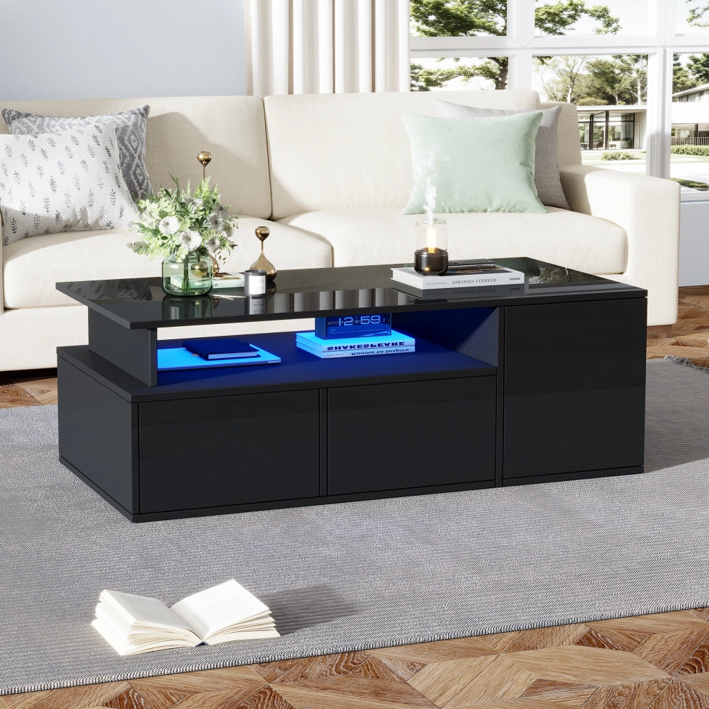 OKWISH Tavolino da Salotto con 2 Cassetti, 1 Vano Aperto e 3 Scomparti, LED, per Soggiorno, Pannello di Truciolato, 100 x 50 x 35 cm