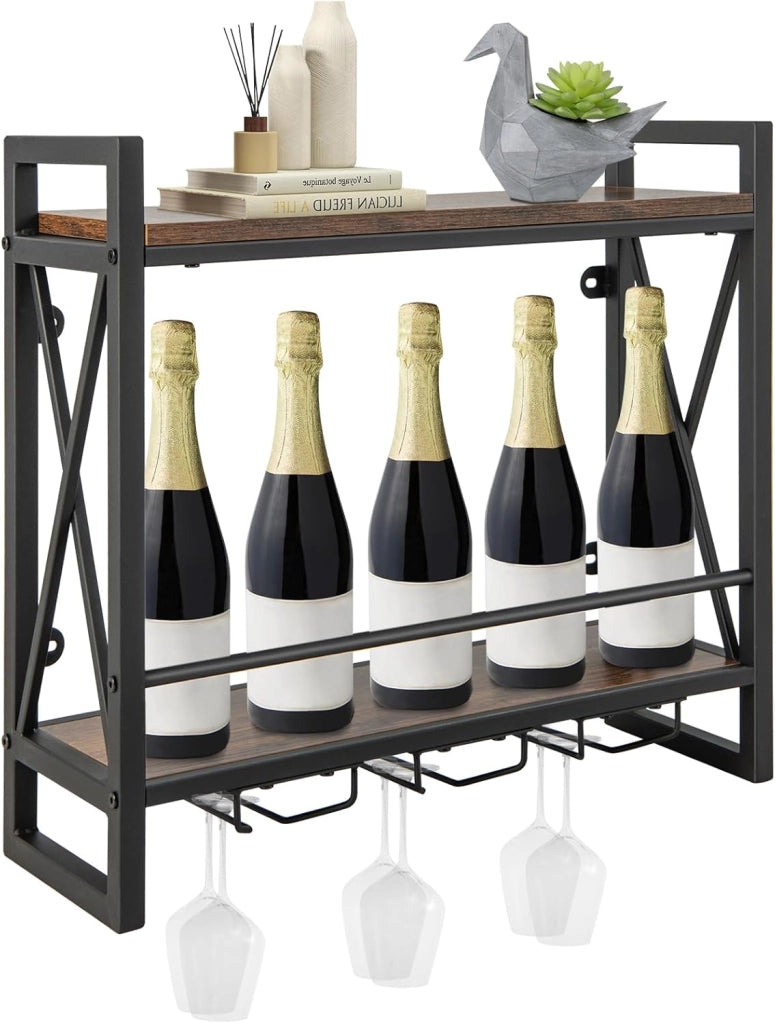 Scaffale per Vino da Parete, Portabottiglie da Parete a 2 Livelli con Supporto in Vetro, Portabottiglie da Vino per Cucina, Casa, 60x20x55 cm