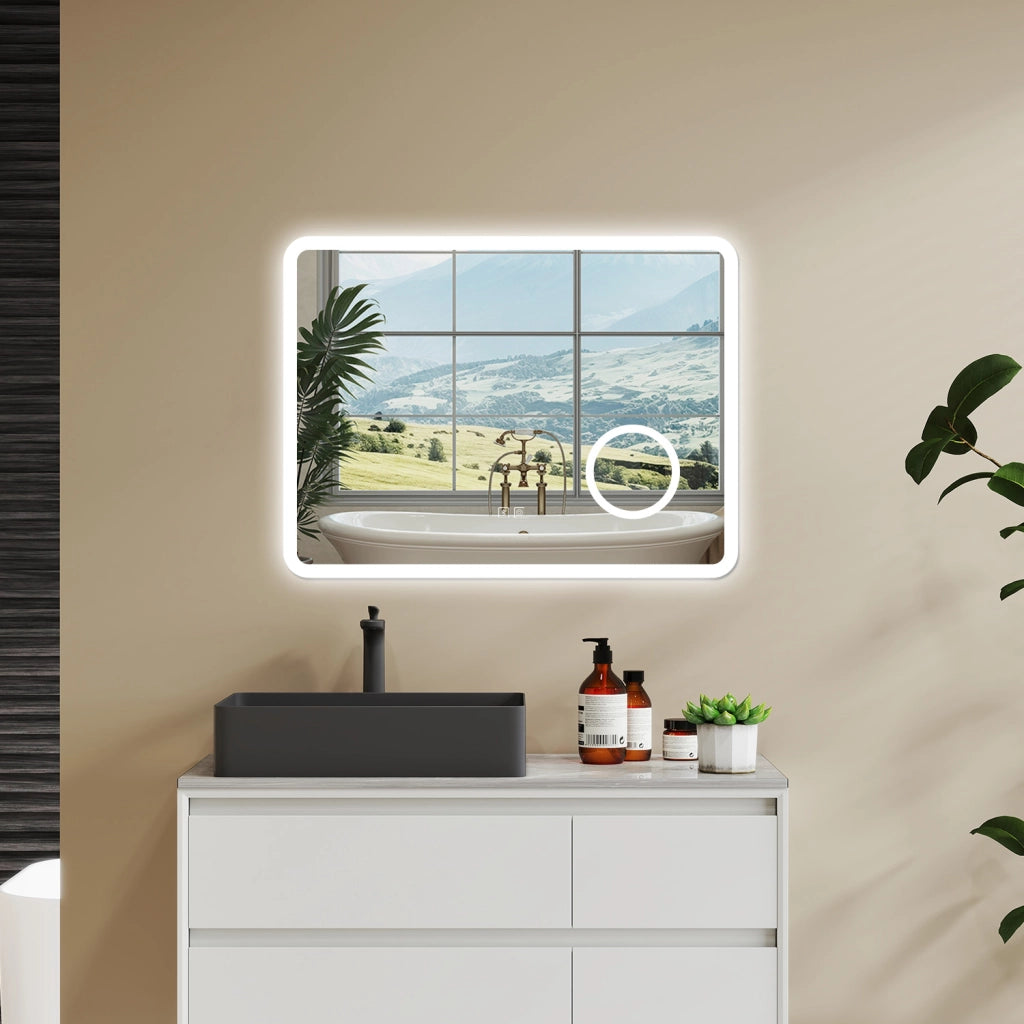 Aica 80x60cm Specchio da bagno Bluetooth antiappannamento, 3 colori dimmerabili, lente d'ingrandimento 3X