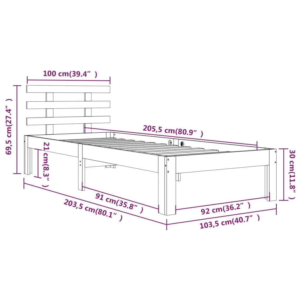 Letto singolo | Letto per adulti | Giroletto Bianco in Legno Massello 100x200 cm