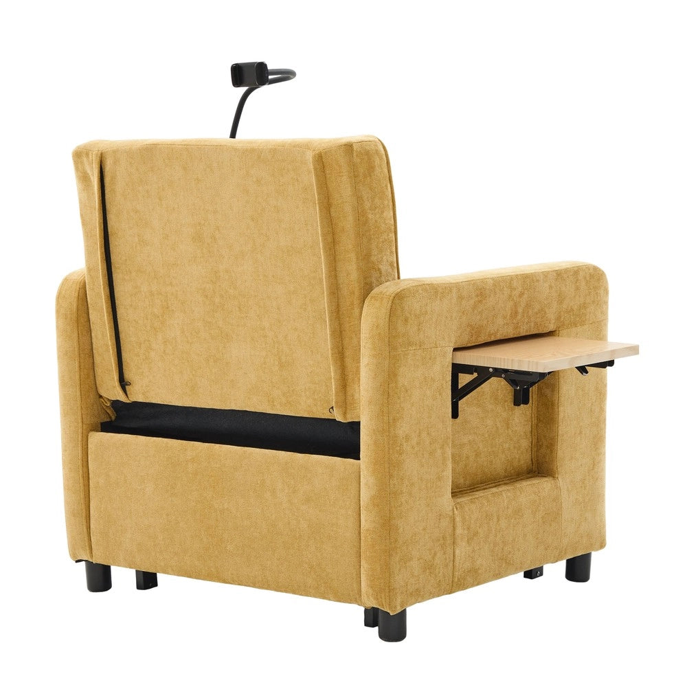 Divano letto singolo ¨C Minimal ¨C Chenille grigio, con cuscini, tasche laterali e tavolino