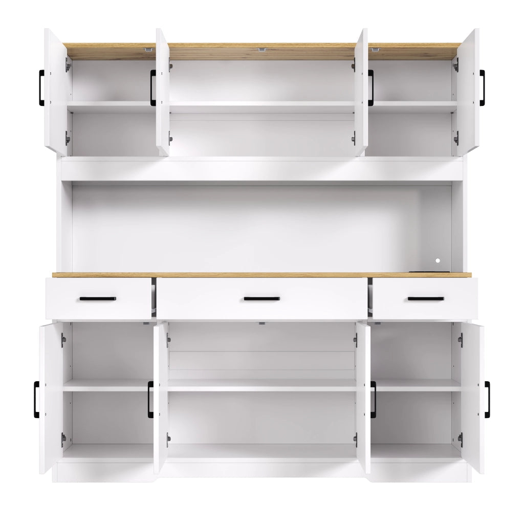 Credenza alta da cucina LED con 2 portabicchieri; ripiani regolabili; prese e USB; bianca; 150 × 40 × 180 cm