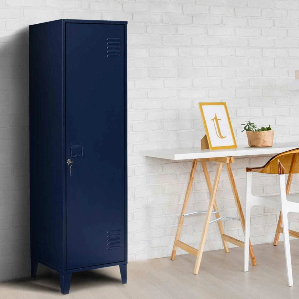 Armadietto ESTER con porta in metallo blu scuro, design industriale