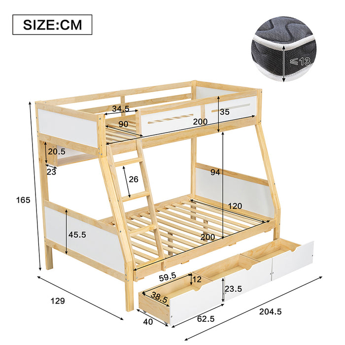 Letto a castello-Xylo-90x200+120x200cm, 3 cassetti, libreria 2m