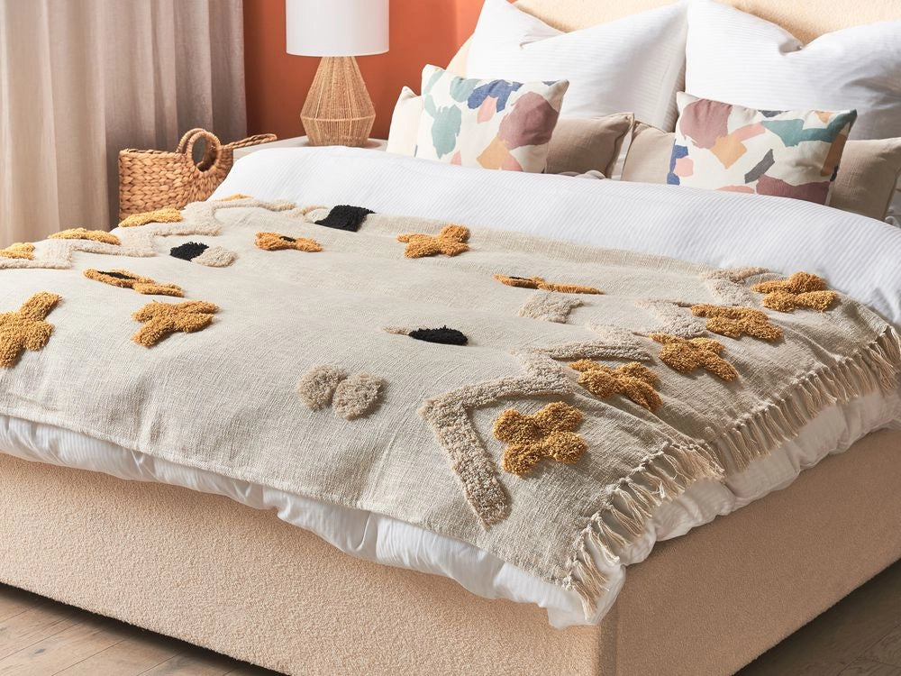 Coperta beige e giallo cotone 130 x 180 cm copriletto motivo astratto frange camera da letto soggiorno