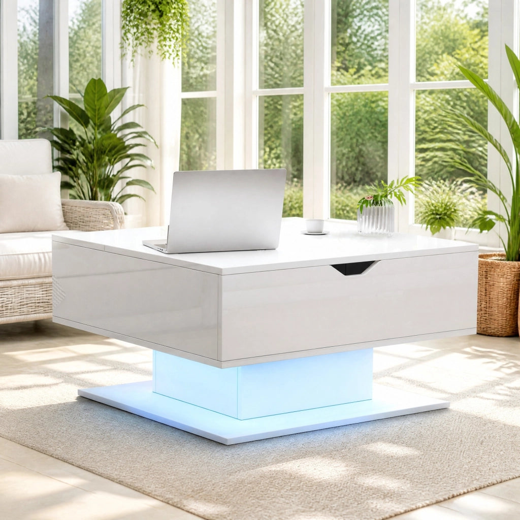 Tavolino da caffè sollevabile 80 x 75 x 40 cm con LED; contenitore nascosto; bianco