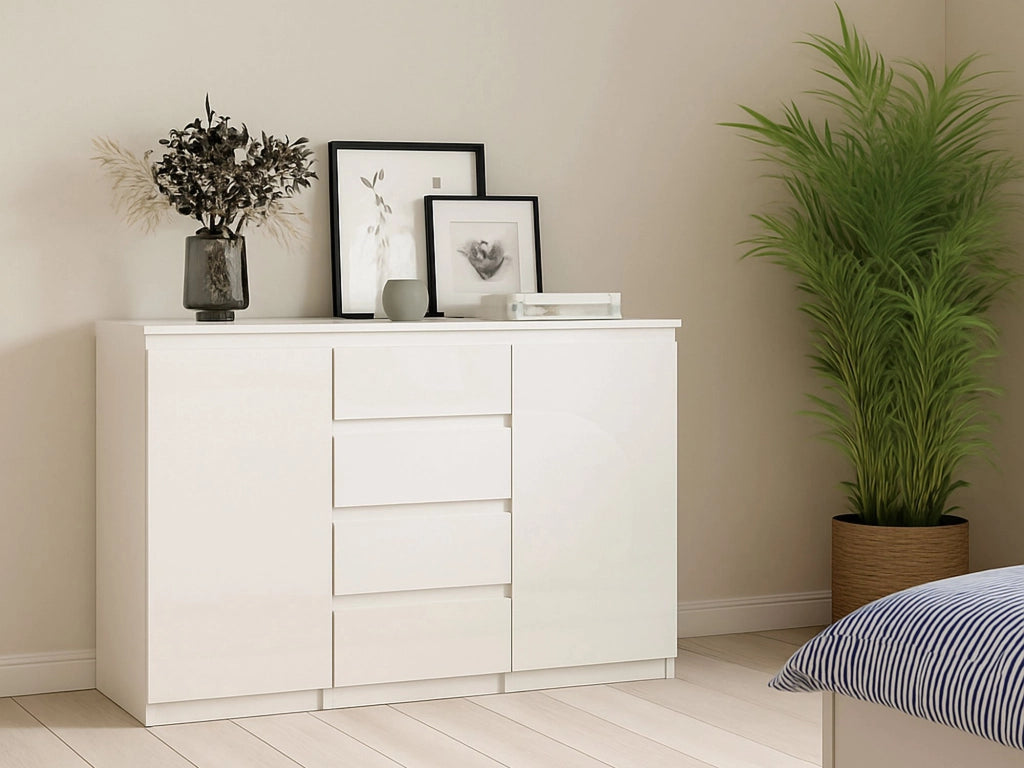 Credenza con ante e Angelika, colore bianco lucido, cm 120 x 90 x 50