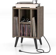 Tavolino ausiliario per giradischi con stazione di ricarica, comodino con scomparti in vinile, scaffale per display a dischi per soggiorno, camera da letto (grigio rovere)