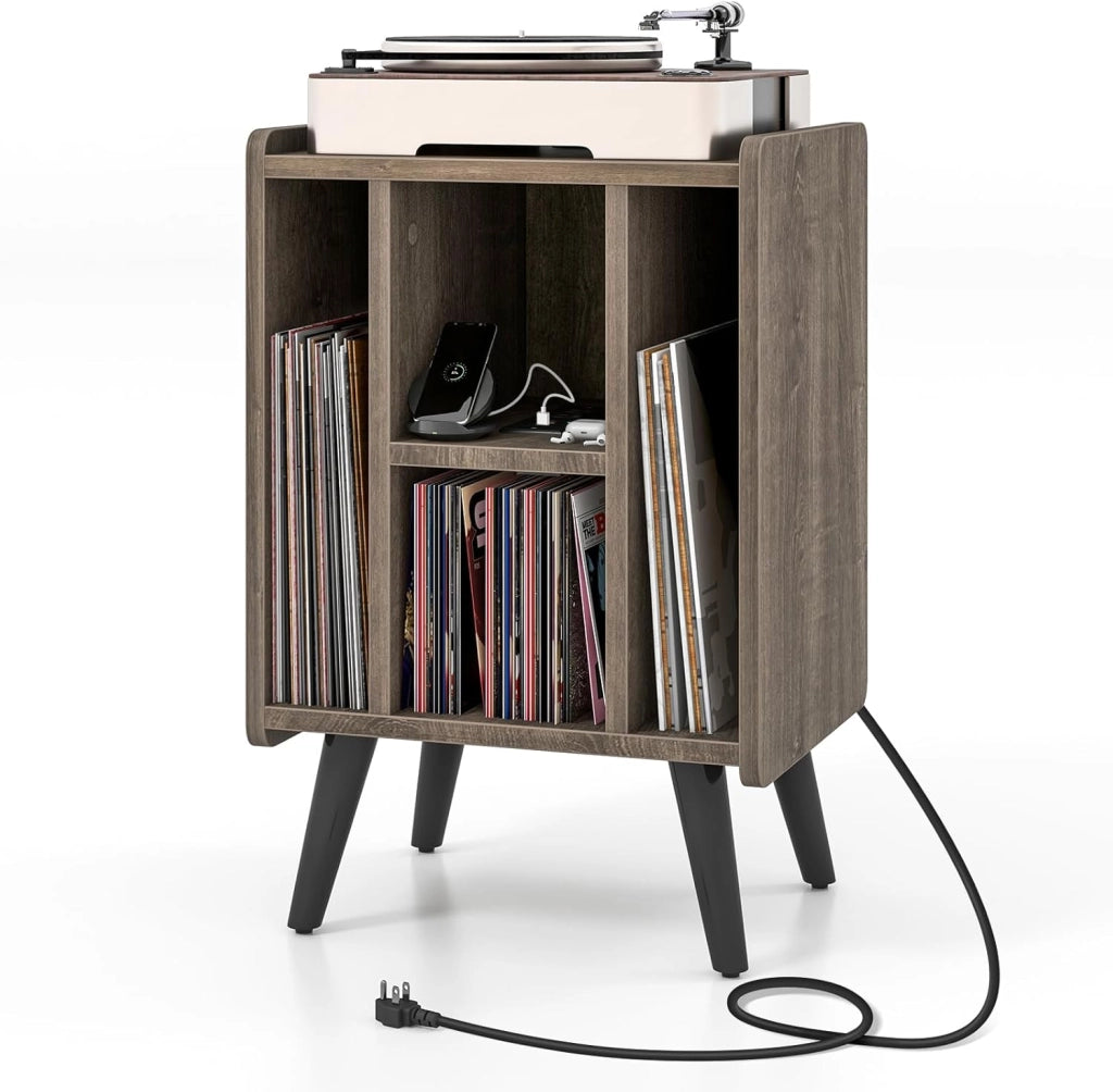 Tavolino ausiliario per giradischi con stazione di ricarica, comodino con scomparti in vinile, scaffale per display a dischi per soggiorno, camera da letto (grigio rovere)