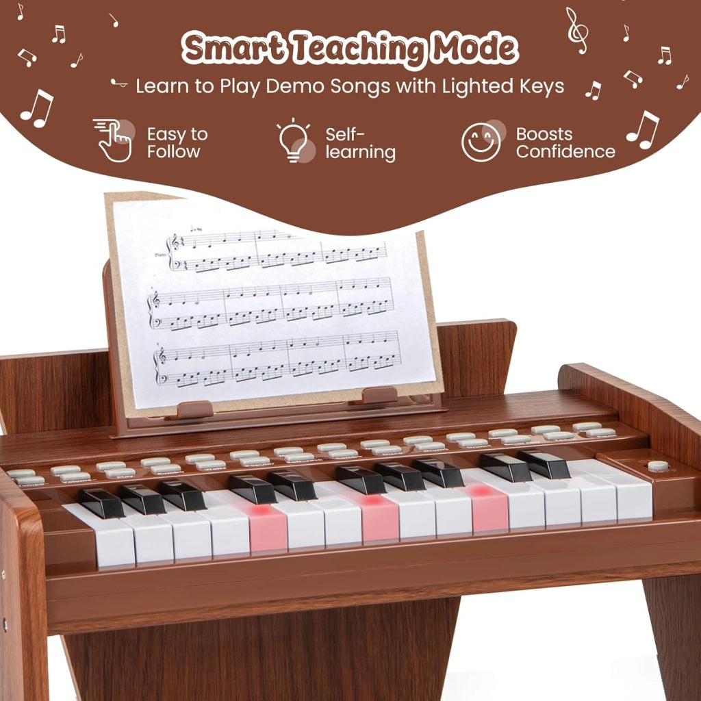Tastiera a 25 tasti per bambini, pianoforte elettronico con tasto luminoso e leggio, pianoforte digitale per bambini di 18+ mesi, registrazione e lettura, modalità di apprendimento (marrone)