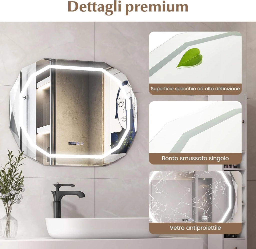 Specchio LED per Bagno 91.5 x 71cm, Specchio Antappannamento con Luce a 3 Colori, Funzione di Memoria Lettura di Tempo e Temperatura, Specchio Ellittico HD Antigraffio, IP44