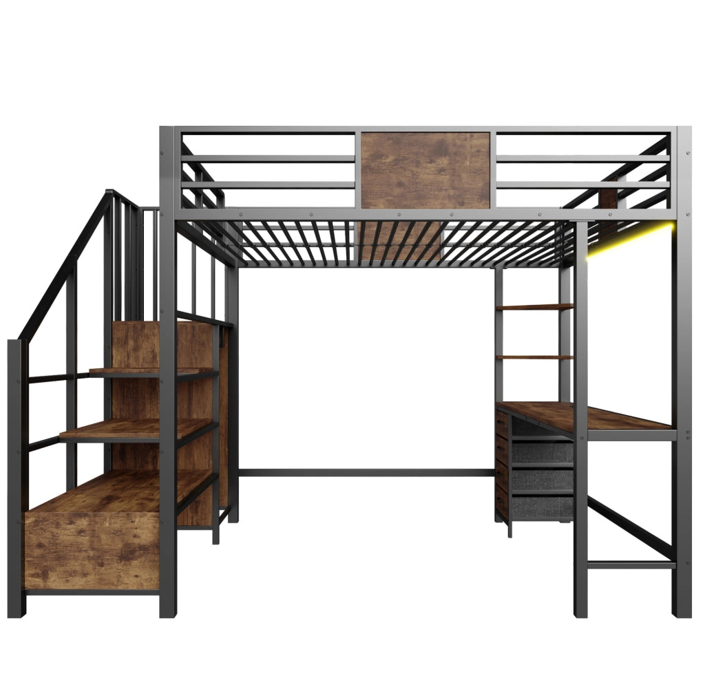 Letto a soppalco 140x200 con scrivania, ripiani, barra appendiabiti, LED e presa