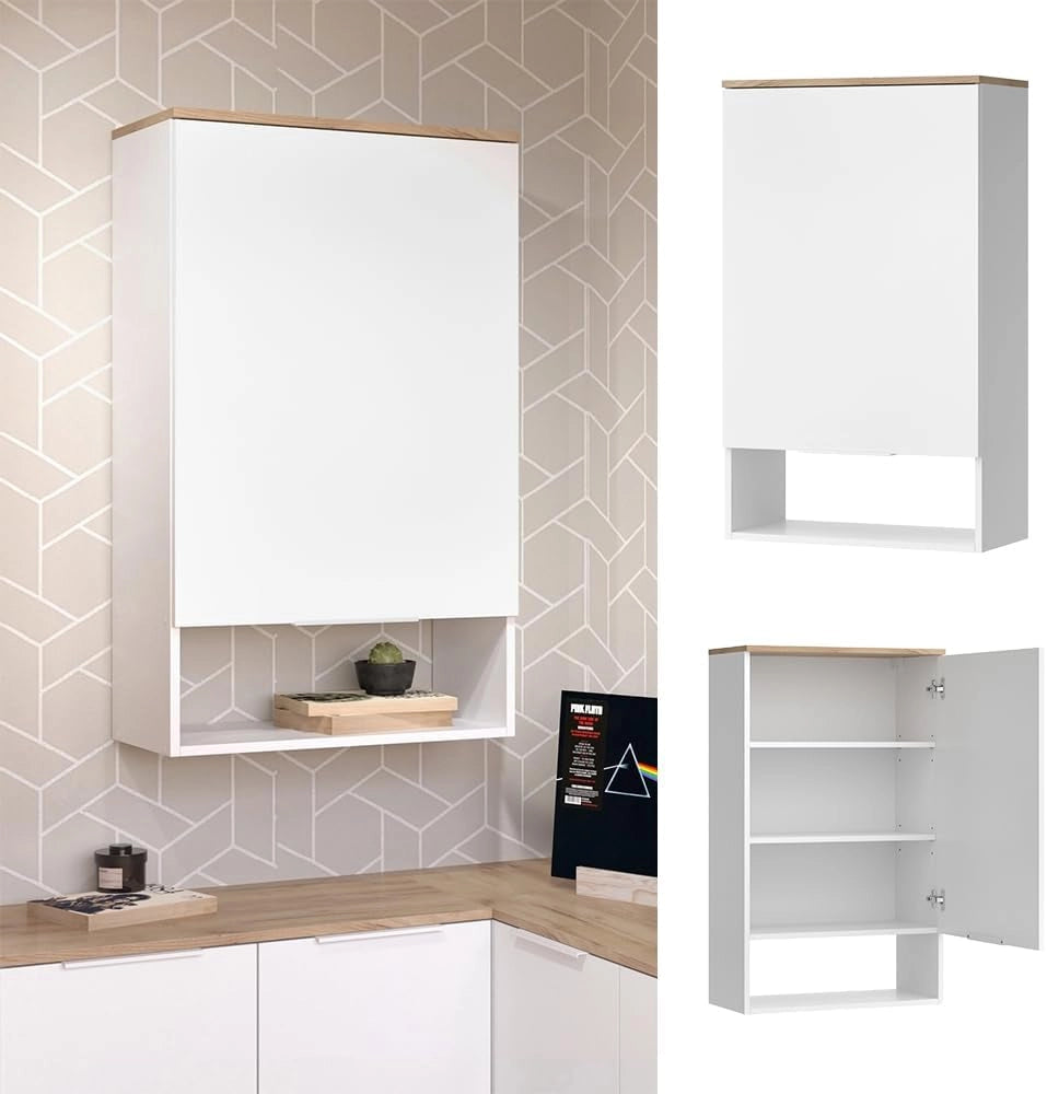 Credenza Wido, Bianco/Sonoma, 60 x 100 cm con porta, adatto al montaggio a parete per bagno o cucina