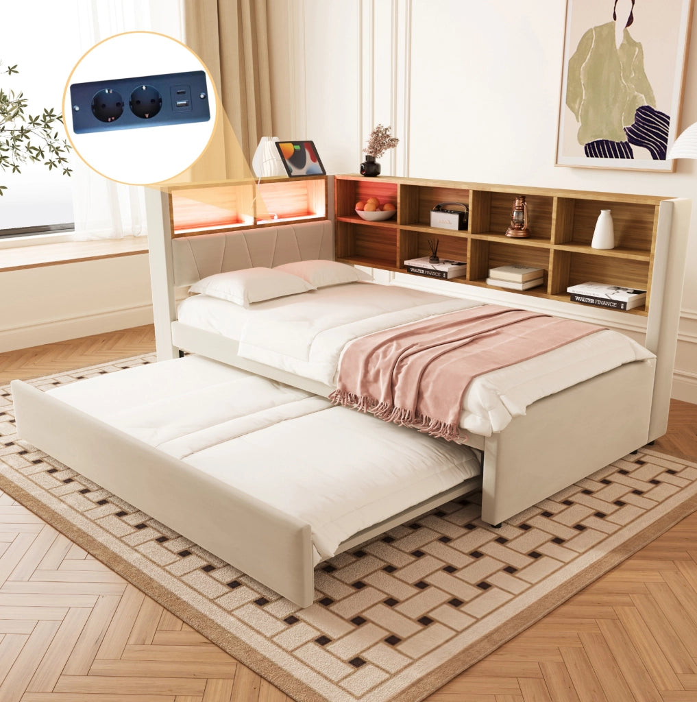 Divano letto singolo con letto estraibile, LED e USB, beige