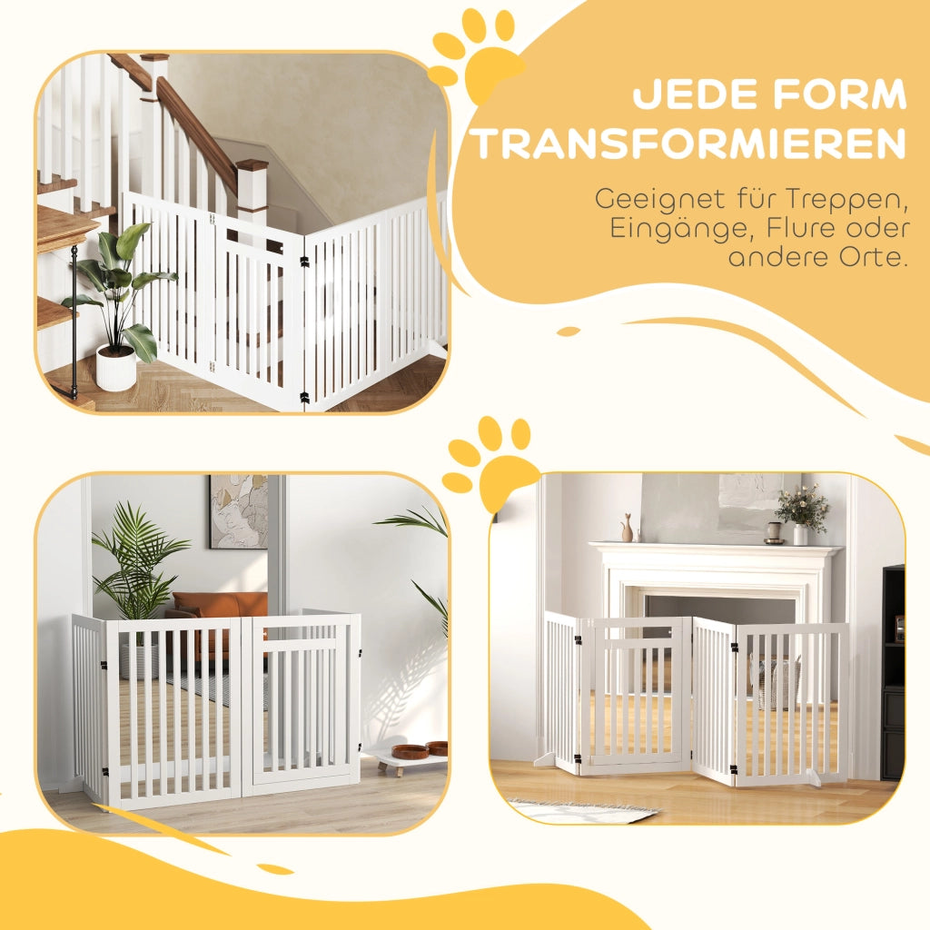 Barriera estensibile a forbice pieghevole a 4 pannelli con porta e piedini di supporto per cani in MDF bianco